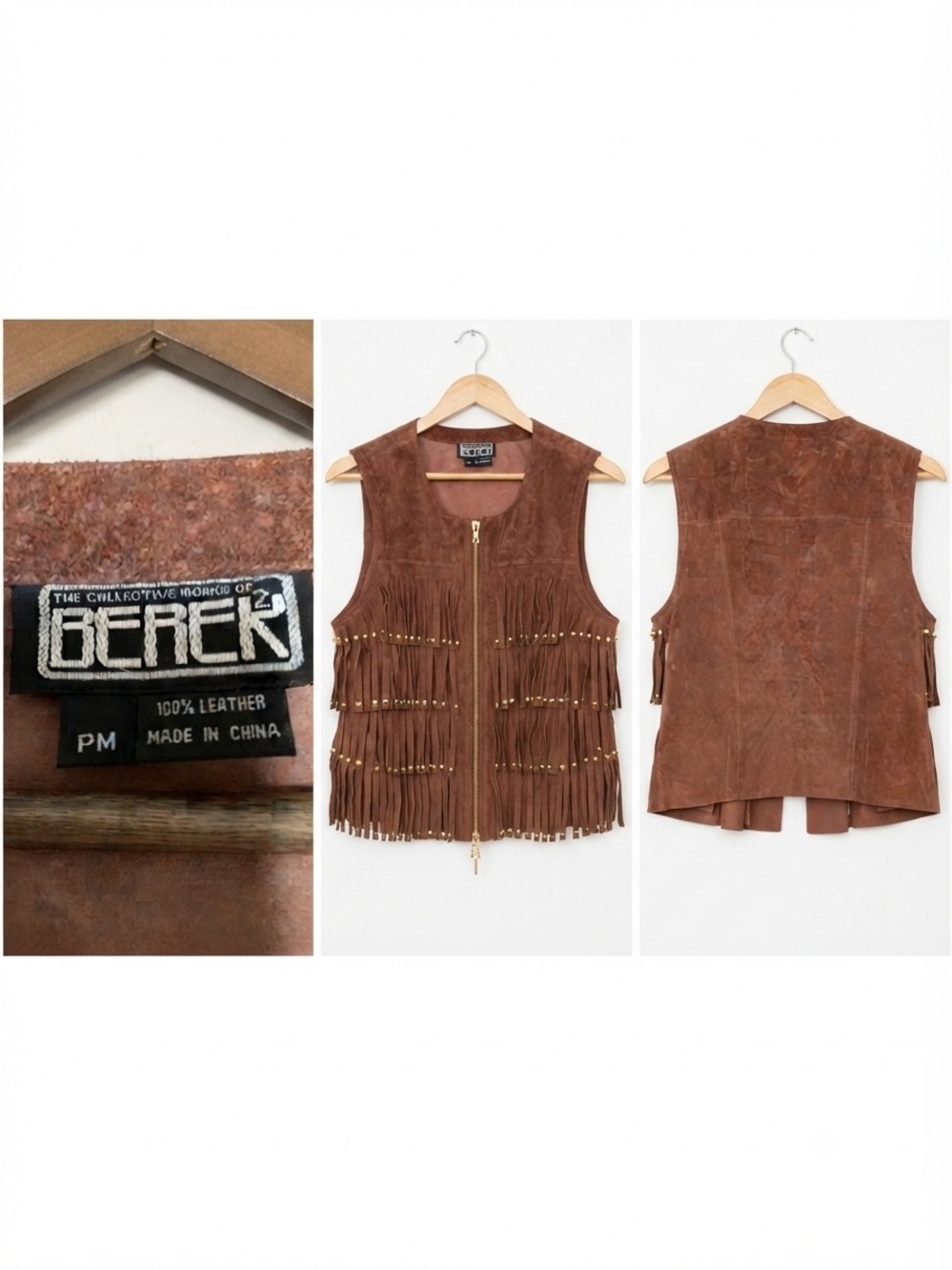berek Brown Leather Fringe Vest with Gold Studs